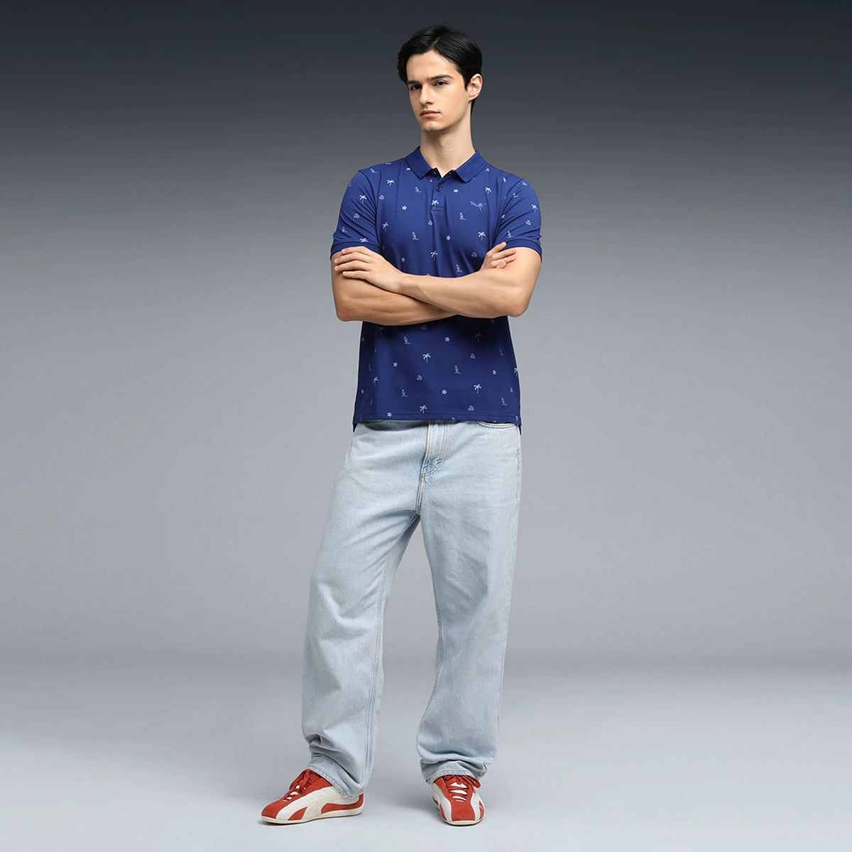 69390849 ESS ELEVATED Ditsy Print Polo Blue Jewel